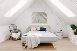 White wall attic with bed